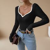 Ribbed Long Sleeve Top with Contrast Trim V Neck
