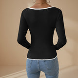 Ribbed Long Sleeve Top with Contrast Trim V Neck