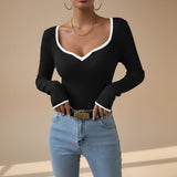 Ribbed Long Sleeve Top with Contrast Trim V Neck