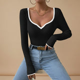 Ribbed Long Sleeve Top with Contrast Trim V Neck