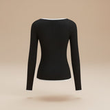 Ribbed Long Sleeve Top with Contrast Trim V Neck