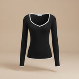 Ribbed Long Sleeve Top with Contrast Trim V Neck
