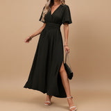 V Neck Flutter Sleeve Maxi Dress with Defined Waist