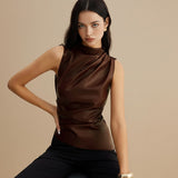 Sleeveless Draped Faux Leather Top with High Neck