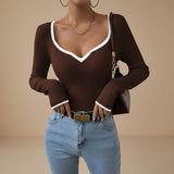 Ribbed Long Sleeve Top with Contrast Trim V Neck