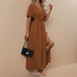 V Neck Flutter Sleeve Maxi Dress with Defined Waist