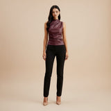 Sleeveless Draped Faux Leather Top with High Neck