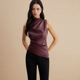 Sleeveless Draped Faux Leather Top with High Neck