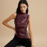 Sleeveless Draped Faux Leather Top with High Neck