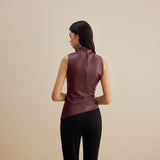 Sleeveless Draped Faux Leather Top with High Neck