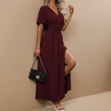 V Neck Flutter Sleeve Maxi Dress with Defined Waist