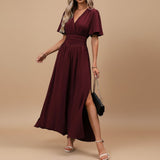 V Neck Flutter Sleeve Maxi Dress with Defined Waist