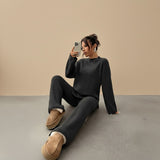 Relaxed Knit Lounge Set with Sweater and Wide Leg Pants
