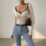 Ribbed Long Sleeve Top with Contrast Trim V Neck