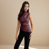Sleeveless Draped Faux Leather Top with High Neck