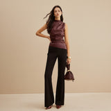 Sleeveless Draped Faux Leather Top with High Neck