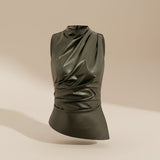 Sleeveless Draped Faux Leather Top with High Neck