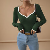 Ribbed Long Sleeve Top with Contrast Trim V Neck