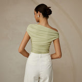 One Shoulder Ruched Fitted Top with Asymmetrical Neckline