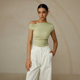 One Shoulder Ruched Fitted Top with Asymmetrical Neckline