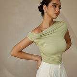 One Shoulder Ruched Fitted Top with Asymmetrical Neckline