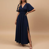 V Neck Flutter Sleeve Maxi Dress with Defined Waist