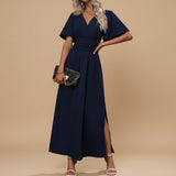 V Neck Flutter Sleeve Maxi Dress with Defined Waist
