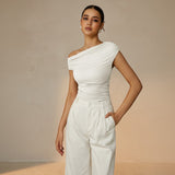 One Shoulder Ruched Fitted Top with Asymmetrical Neckline