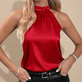 Satin Halter Neck Sleeveless Top with Draped Fit