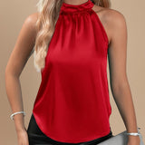 Satin Halter Neck Sleeveless Top with Draped Fit