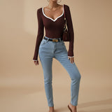 Ribbed Long Sleeve Top with Contrast Trim V Neck