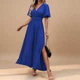 V Neck Flutter Sleeve Maxi Dress with Defined Waist