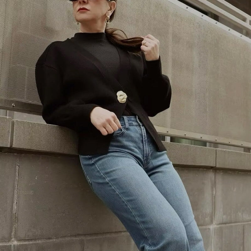 Chic Deep V-Neck Knit Cardigan with Decorative Button