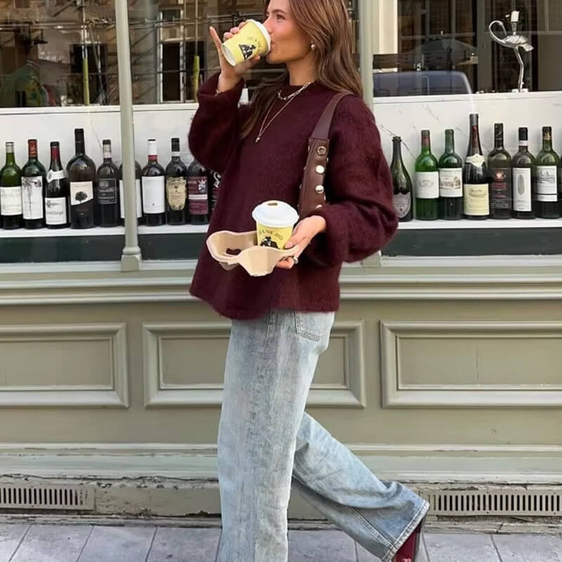 Relaxed Fit Knit Pullover with Round Neck