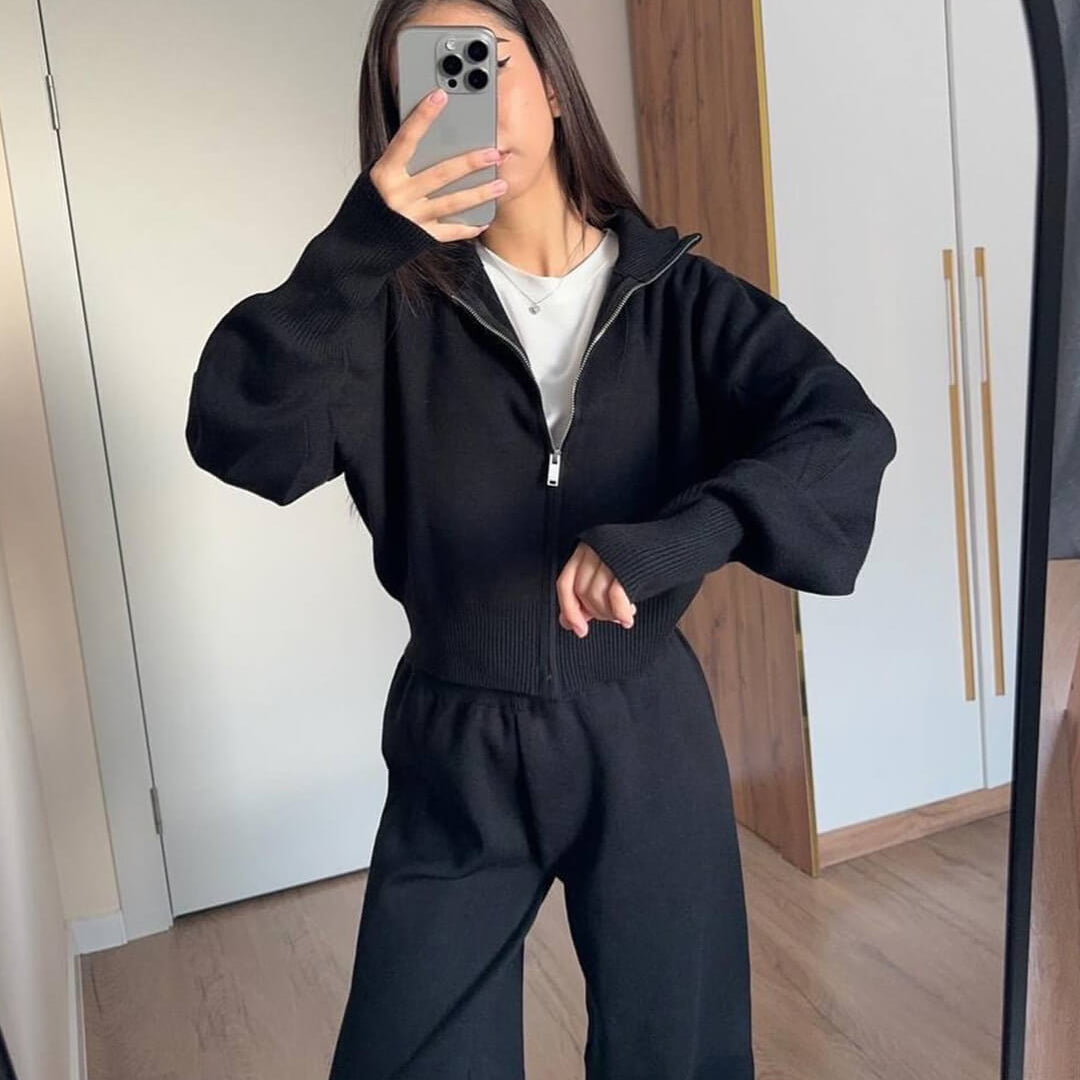 Knitted Zip Jacket and Wide-Leg Trousers Set