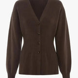 V-Neck Knit Cardigan – Waist-Cinching Lantern Sleeve Sweater